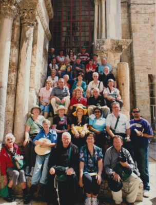 New Zealand pilgrims outside the Church of the Holy Sepulchre in Jerusalem in 2010. In the front row are Fr Anthony Malone OFM (centre) and Jack Gibbs (right).