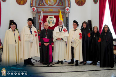 Pat McCarthy KCHS, Colin Lamb KHS, Bishop William Shomali, Fr Chris Denham KHS, Stephen Fitness KHS, Fiona Wilson-Taylor DHS, Suzie McCarthy DCHS, Patsy O'Sullivan DHS — at the Latin Patriarchate of Jerusalem, 17 May 2023