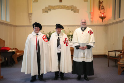 Promotions of Peter Rawson KHS to KCHS, Jack Gibbs KC*HS to KGCHS, Fr Chris Denham KHS to KCHS during the 2024 Vigil