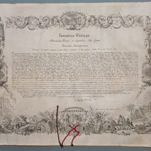 The diploma of Bishop Pompallier’s investiture 6 October 1848; the red lines at the bottom of the image are the red cords which tied the rolled document